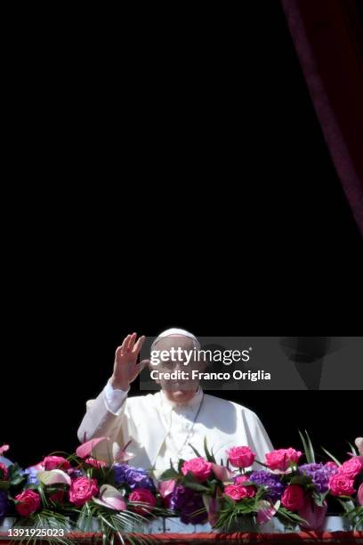 Pope Francis delivers his Easter Urbi et Orbi blessing from the balcony overlooking St. Peter's Square on April 17, 2022 in Vatican City, Vatican....