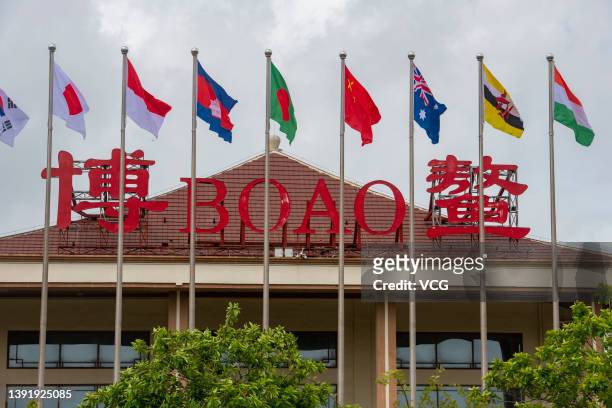 Flags of participating countries flutter at Qionghai Boao Airport before Boao Forum For Asia Annual Conference 2022 on April 17, 2022 in Qionghai,...