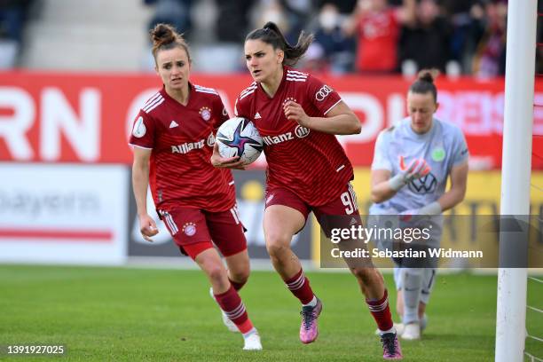 Jovana Damnjanovic of FC Bayern Muenchen celebrates after scoring their team's first goal during the Women's DFB Cup semi final match between Bayern...
