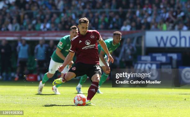 Nikola Dovedan of 1. FC Nuernberg scores his sides first goal through a penalty during the Second Bundesliga match between SV Werder Bremen and 1. FC...