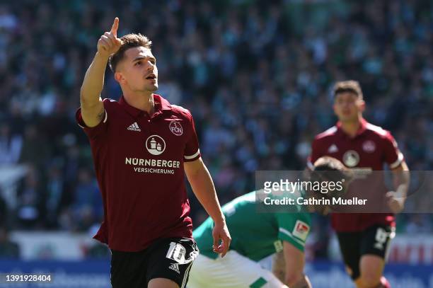 Nikola Dovedan of 1. FC Nuernberg celebrates after scoring his sides first goal through a penalty during the Second Bundesliga match between SV...