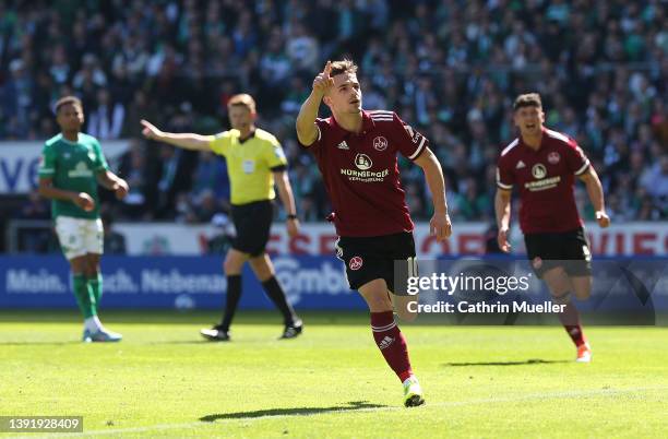 Nikola Dovedan of 1. FC Nuernberg celebrates after scoring his sides first goal through a penalty during the Second Bundesliga match between SV...