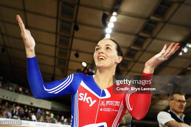 Victoria Pendleton of Great Britain celebrates after winning the Women's Team Sprint Final with Jess Varnish during the UCI Track Cycling World Cup -...