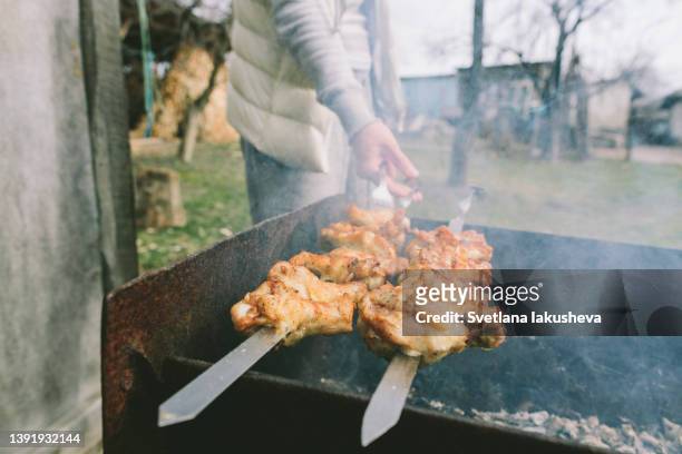 chicken skewers grilled on the grill - schaschlik stock-fotos und bilder