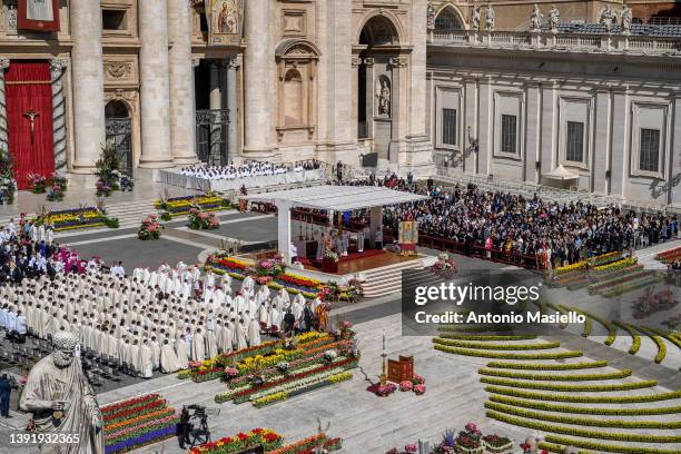 Pope Francis leads the Easter Mass at St. Peter's Square on April 17, 2022 in Vatican City, Vatican. Pope Francis presided over the Easter...