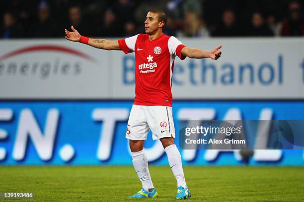 Mohamed Zidan of Mainz celebrates his team's first goal during the Bundesliga match between 1899 Hoffenheim and FSV Mainz 05 at Rhein-Neckar-Arena on...