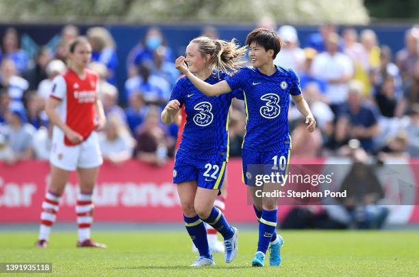 Ji So-Yun celebrates with Erin Cuthbert of Chelsea after scoring their team's second goal during the Vitality Women's FA Cup Semi Final match between...