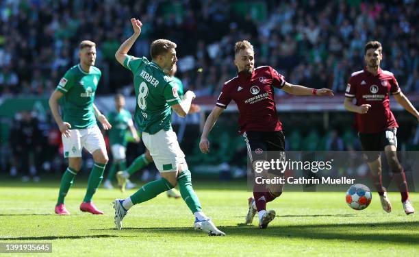 Mitchell Weiser of Werder Bremen scores his sides first goal during the Second Bundesliga match between SV Werder Bremen and 1. FC Nürnberg at...