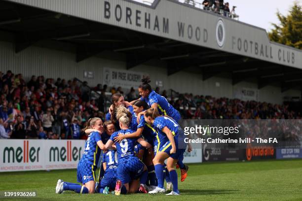 Ji So-Yun of Chelsea celebrates with teammates after scoring their team's second goal during the Vitality Women's FA Cup Semi Final match between...