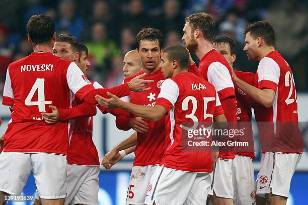 Mohamed Zidan of Mainz celebrates his team's first goal with team mates during the Bundesliga match between 1899 Hoffenheim and FSV Mainz 05 at...