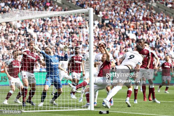 Wout Weghorst of Burnley scores their sides first goal during the Premier League match between West Ham United and Burnley at London Stadium on April...