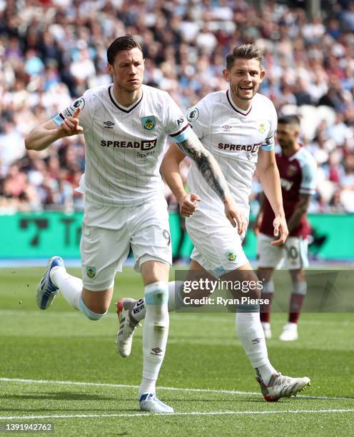 Wout Weghorst of Burnley celebrates after scoring their sides first goal during the Premier League match between West Ham United and Burnley at...