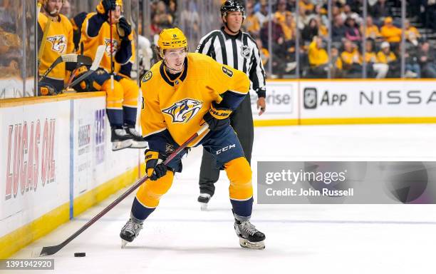 Cody Glass of the Nashville Predators skates against the Chicago Blackhawks during an NHL game at Bridgestone Arena on April 16, 2022 in Nashville,...