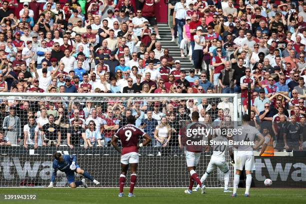 Maxwel Cornet of Burnley misses their sides penalty during the Premier League match between West Ham United and Burnley at London Stadium on April...