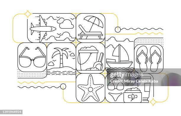 sommer- und strandlinien-icon-set und banner-design - flip flop stock-grafiken, -clipart, -cartoons und -symbole