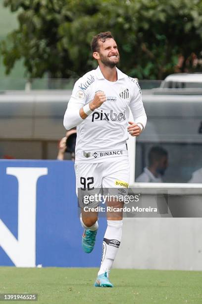 Léo Baptistão of Santos celebrate after score the first goal for his team during the match between Santos and Coritiba as part of Brasileirao Series...