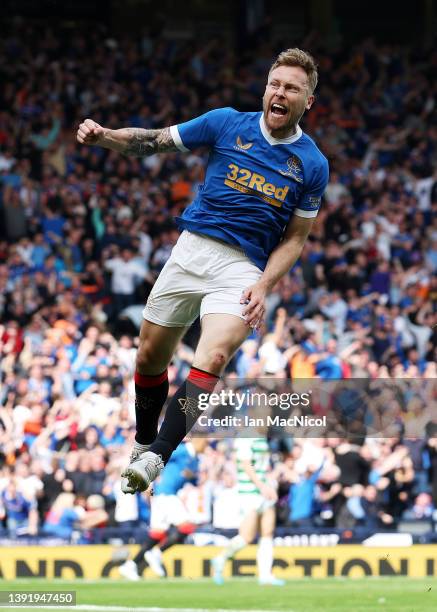 Scott Arfield of Rangers celebrates after scoring their team's first goal during the Scottish Cup Semi Final match between Celtic FC and Rangers FC...