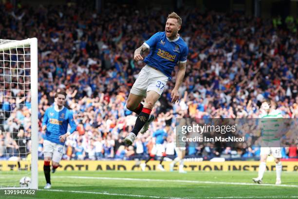 Scott Arfield of Rangers celebrates after scoring their team's first goal during the Scottish Cup Semi Final match between Celtic FC and Rangers FC...