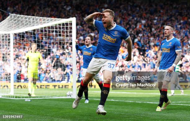 Scott Arfield of Rangers celebrates after scoring their team's first goal during the Scottish Cup Semi Final match between Celtic FC and Rangers FC...