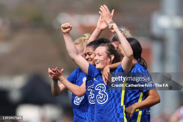 Erin Cuthbert of Chelsea celebrates with teammates after their sides victory during the Vitality Women's FA Cup Semi Final match between Arsenal...