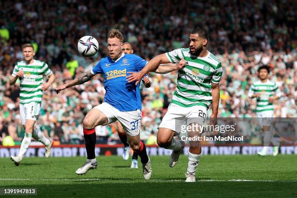 Scott Arfield of Rangers battles for possession with Cameron Carter-Vickers of Celtic during the Scottish Cup Semi Final match between Celtic FC and...