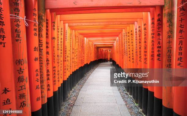 orange torii gates at the fushimi inari shrine, kyoto - inari shrine stock pictures, royalty-free photos & images