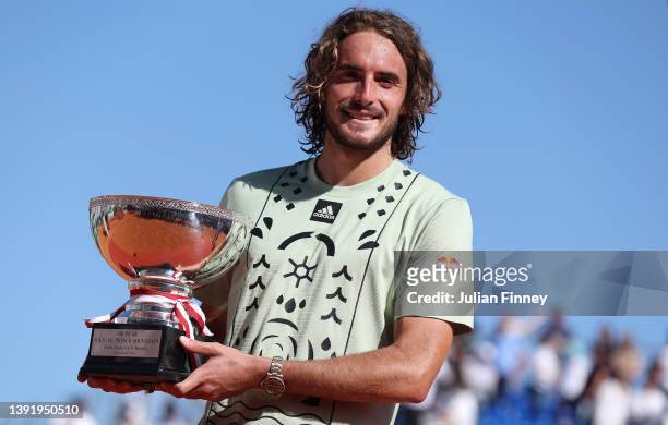 Stefanos Tsitsipas of Greece celebrates his victory with the trophy after his match with Alejandro Davidovich Fokina of Spain in the final during day...