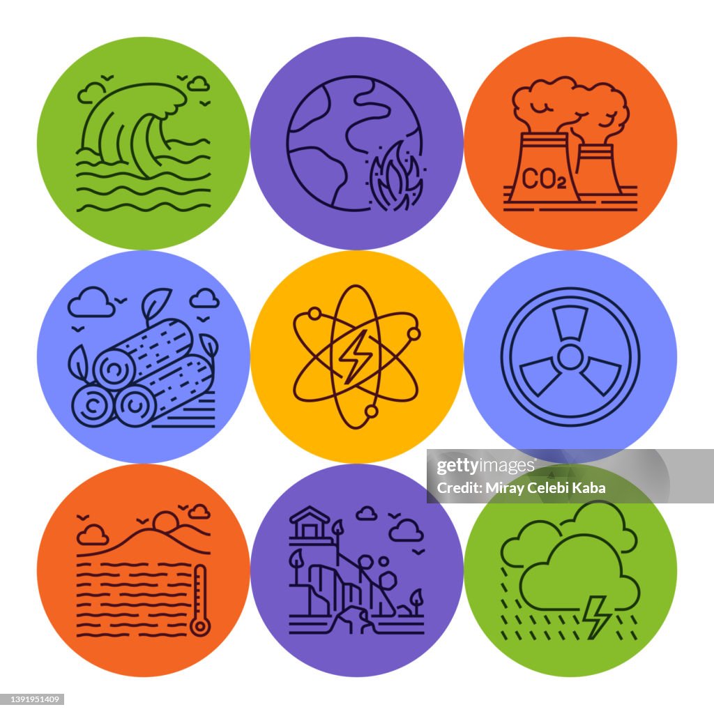 Conjunto de iconos de línea calentamiento global