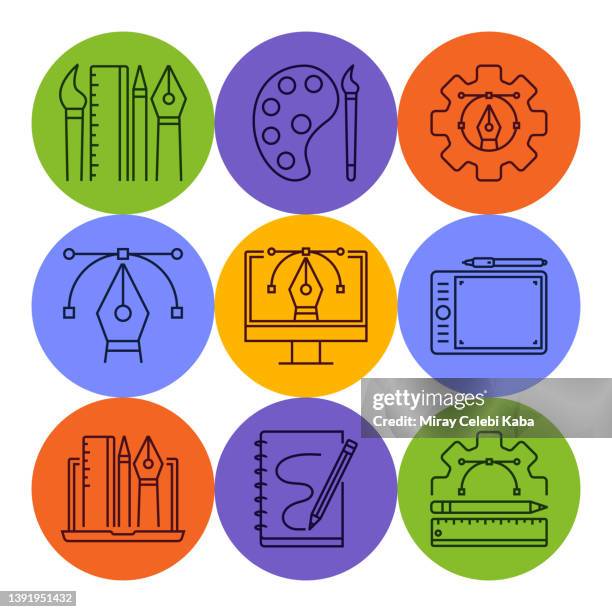 graphics design line icon set and banner design - web designer logo stock illustrations