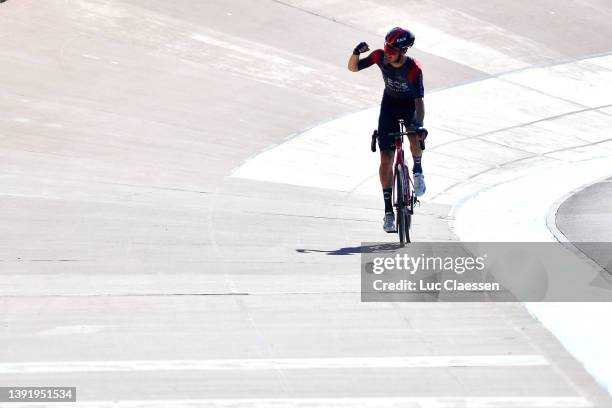 Dylan Van Baarle of Netherlands and Team INEOS Grenadiers celebrates winning in the Roubaix Velodrome - Vélodrome André Pétrieux during the 119th...