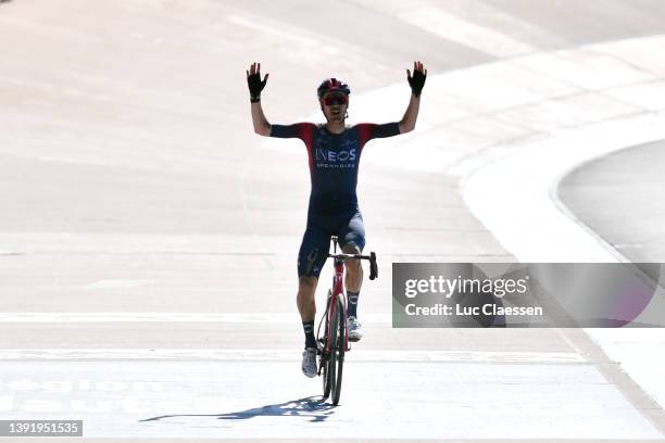 Dylan Van Baarle of Netherlands and Team INEOS Grenadiers celebrates winning in the Roubaix Velodrome - Vélodrome André Pétrieux during the 119th...