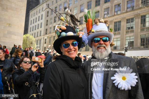 People wearing costumes participate annual Easter Parade and Bonnet Festival along Fifth Avenue on Easter Sunday on April 17, 2022 in New York City....