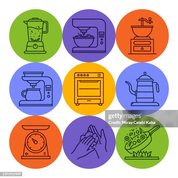 kitchen line icons set - boiling kettle stock illustrations