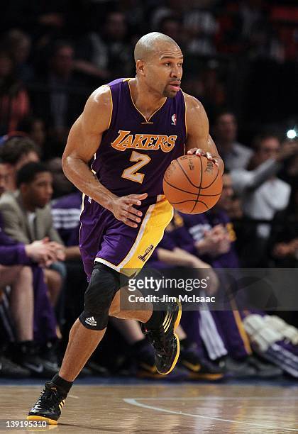 Derek Fisher of the Los Angeles Lakers in action against the New York Knicks on February 10, 2012 at Madison Square Garden in New York City. The...
