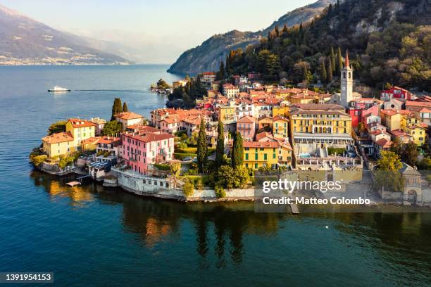 aerial view of varenna on lake como, italy - como italy stock pictures, royalty-free photos & images