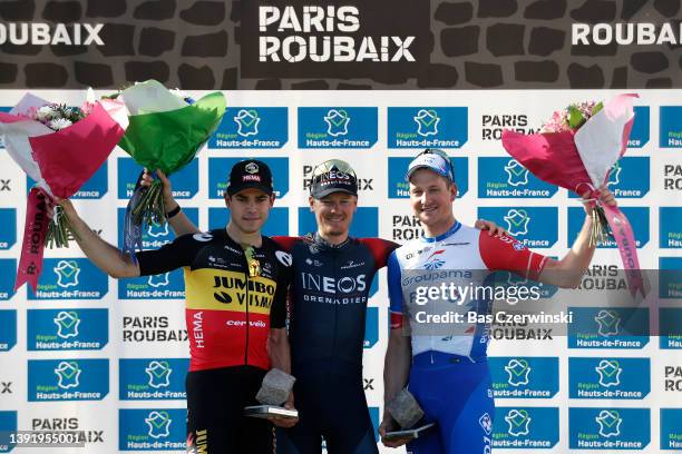 Wout Van Aert of Belgium and Team Jumbo - Visma on second place, race winner Dylan Van Baarle of Netherlands and Team INEOS Grenadiers and Stefan...