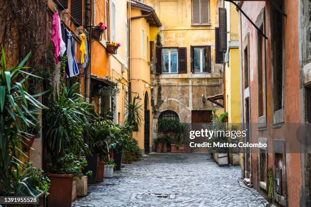 colorful alley in trastevere, rome, italy - borough district type fotografías e imágenes de stock