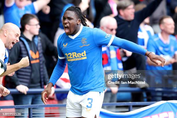 Calvin Bassey of Rangers celebrates after their sides victory during the Scottish Cup Semi Final match between Celtic FC and Rangers FC at Hampden...