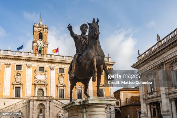 marcus aurelius statue, capitoline hill, rome, italy - campidoglio foto e immagini stock