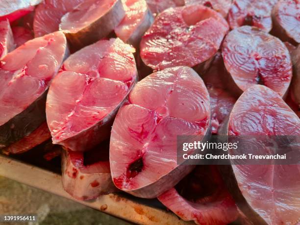 freshness of slices king mackerel fish - king fish fotografías e imágenes de stock