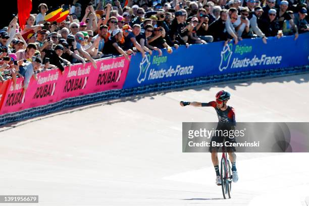 Dylan Van Baarle of Netherlands and Team INEOS Grenadiers celebrates winning in the Roubaix Velodrome - Vélodrome André Pétrieux during the 119th...