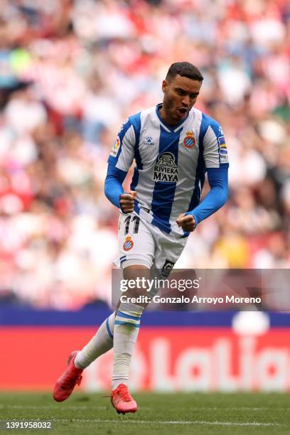 Raul de Tomas of Espanyol celebrates after scoring their sides first goal from the penalty spot during the LaLiga Santander match between Club...