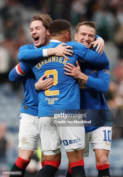 James Tavernier, Scott Wright and Steven Davies celebrate during the Scottish Cup Semi Final match between Celtic FC and Rangers FC at Hampden Park...