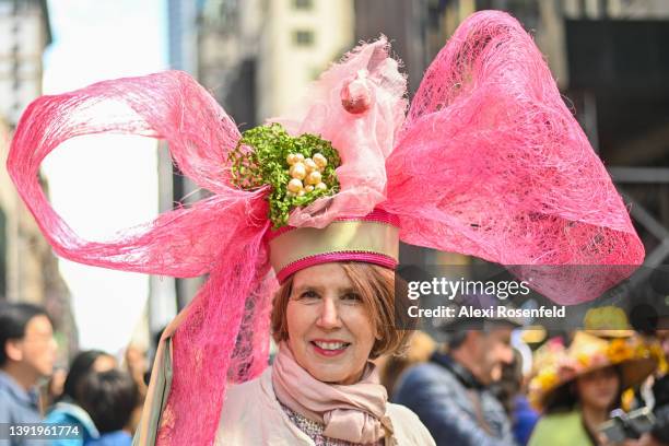 People wearing costumes participate in the annual Easter Parade and Bonnet Festival along Fifth Avenue on Easter Sunday on April 17, 2022 in New York...