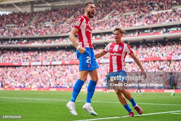 Yannick Carrasco of Club Atletico de Madrid celebrates after scoring his team's second goal during the LaLiga Santander match between Club Atletico...