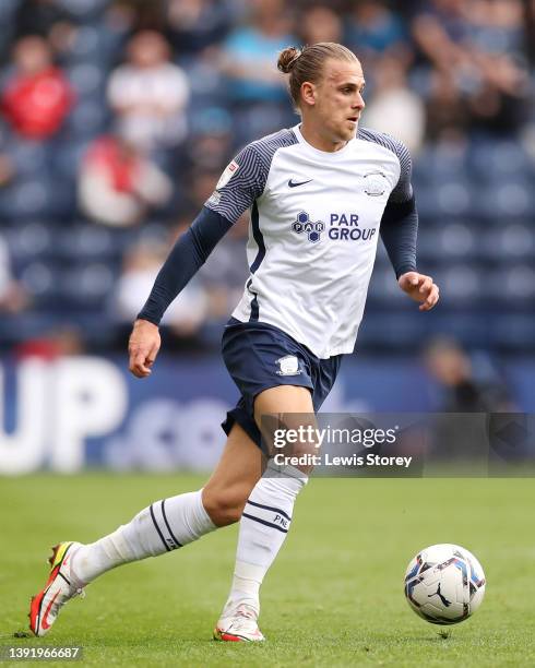 Brad Potts of Preston North End runs with the ball during the Sky Bet Championship match between Preston North End and Millwall at Deepdale on April...