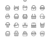 Wicker basket. Decorative basketry picnic containers. Home decoration. Pixel Perfect Vector Thin Line Icons. Simple Minimal Pictogram