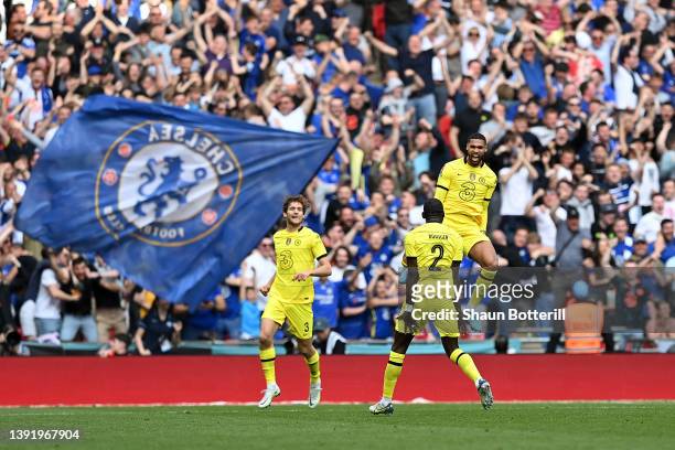 Ruben Loftus-Cheek celebrates with teammates Marcos Alonso and Antonio Ruediger of Chelsea after scoring their team's first goal during The FA Cup...