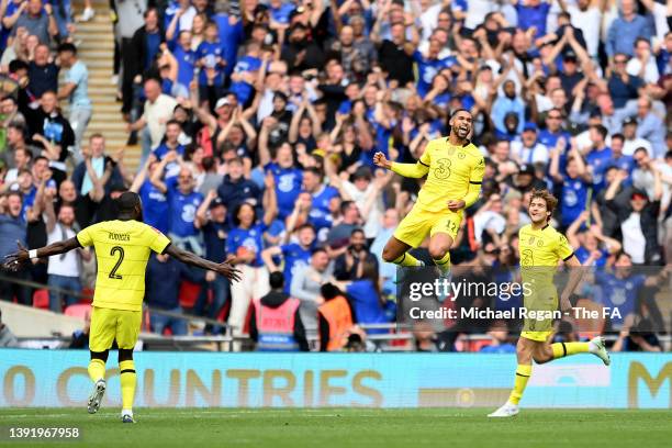 Ruben Loftus-Cheek celebrates with teammates Marcos Alonso and Antonio Ruediger of Chelsea after scoring their team's first goal during The FA Cup...