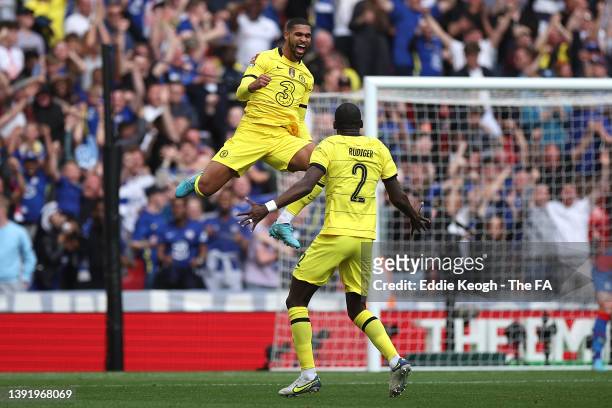 Ruben Loftus-Cheek celebrates with teammate Antonio Ruediger of Chelsea after scoring their team's first goal during The FA Cup Semi-Final match...